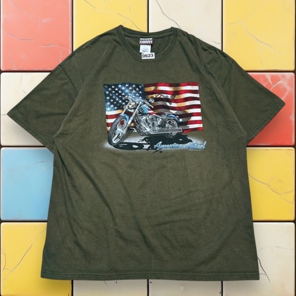 Vintage Y2K American Flag Motorcycle T-Shirt Men‎ XL Biker Sonoma Grunge USA Tee